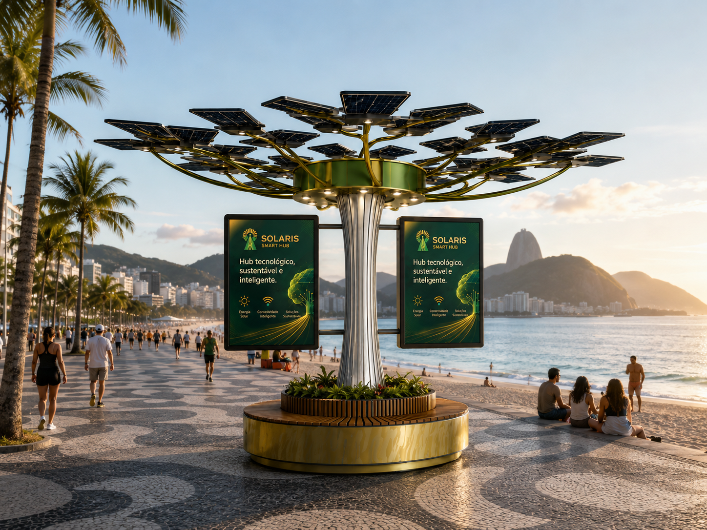 Solaris árvore em orla urbana com telas de LED exibindo anúncios Solaris