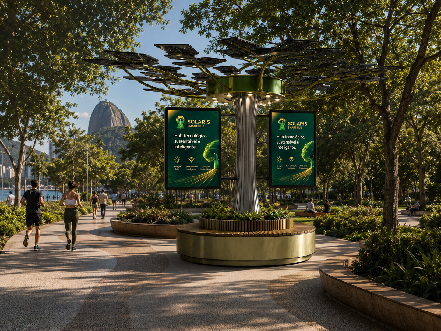 Solaris árvore em parque urbano com painéis solares e telas de LED com anúncios Solaris
