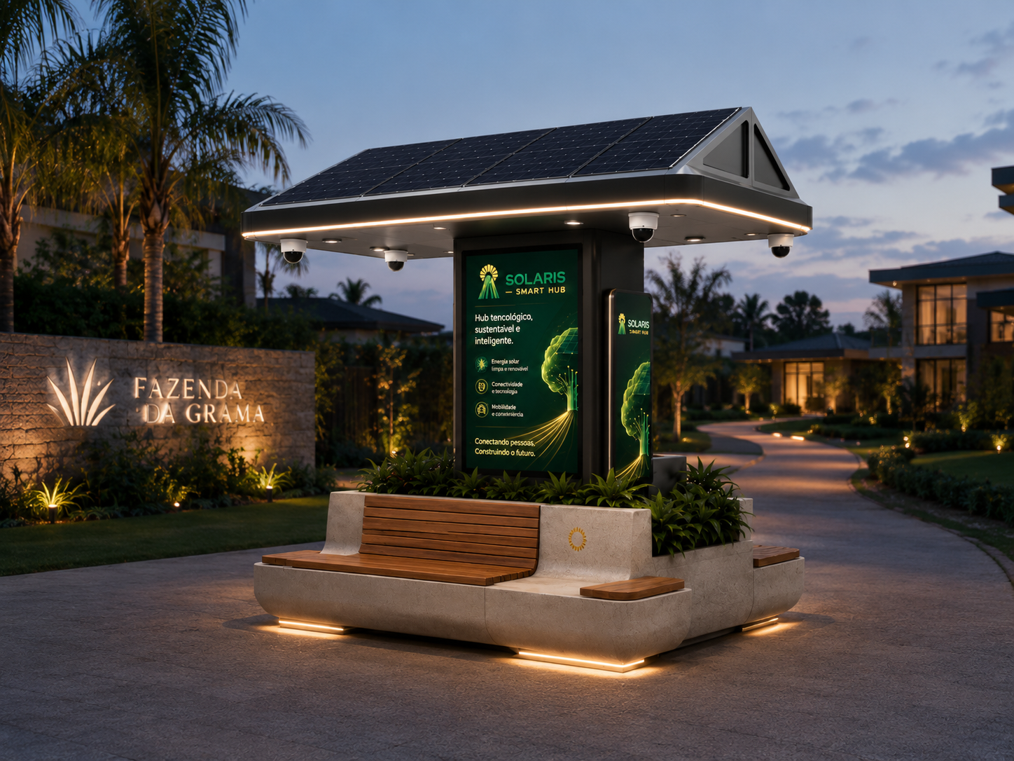 Solaris quiosque em condomínio de casas premium com telas de LED exibindo anúncios Solaris