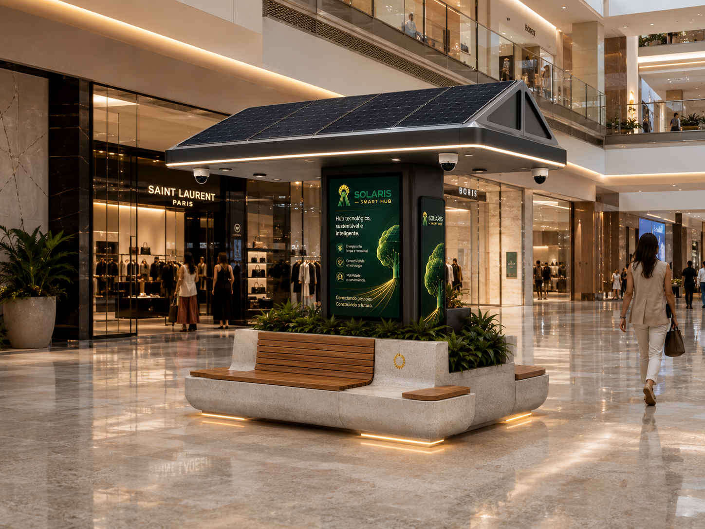 Solaris quiosque em shopping premium com telas de LED exibindo anúncios Solaris